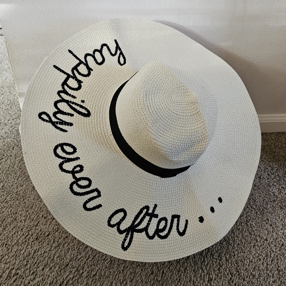 Wide Brim Summer Vacation Straw Hat, Reads Happily Ever After, Honeymoon